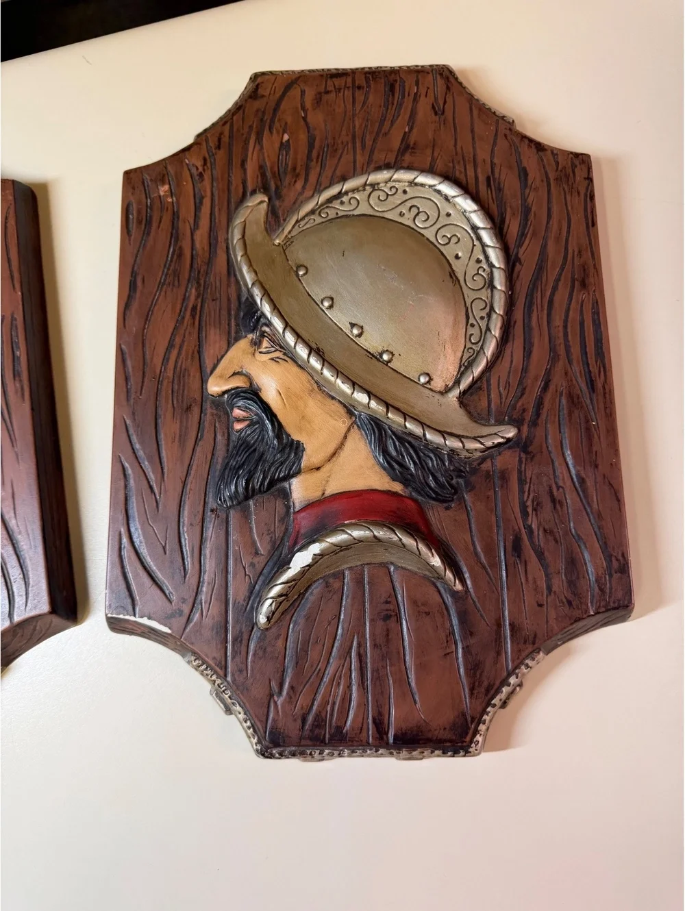 Vintage Pair of Decorative Plaques with Bearded Man in Helmet Design